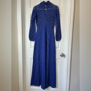 Vintage 1970s Royal Blue Knit Maxi Dress Size Medium Rhinestone Studded